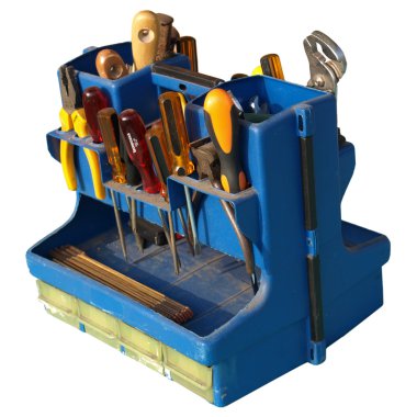 Tool box with tools and industrial steel hardware bolts, nuts, s clipart