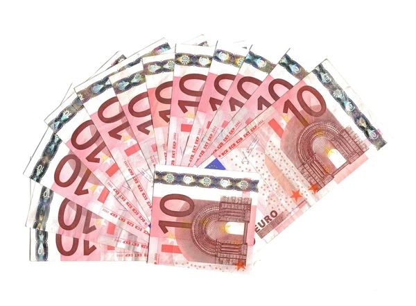 Oscilan entre diez billetes en euros sobre un fondo blanco —  Fotos de Stock
