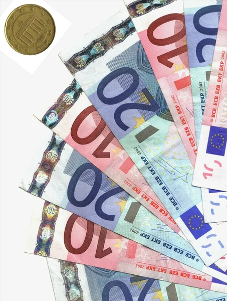 Range of euro notes and german coin — Stock Photo, Image