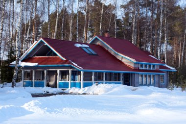 A wooden house in the winter forest clipart