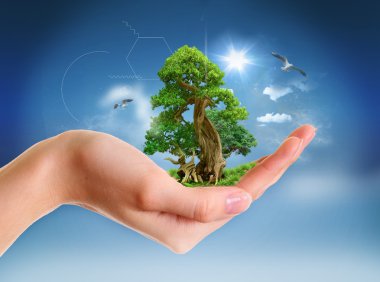 Human hand holding green landscape clipart