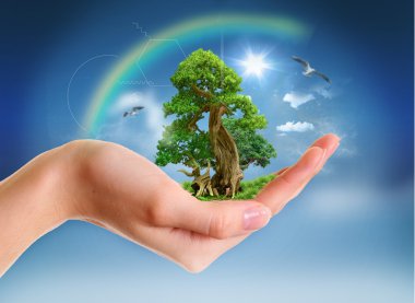 Human hand holding green landscape clipart