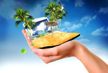 Human hand holding summer sea landscape clipart