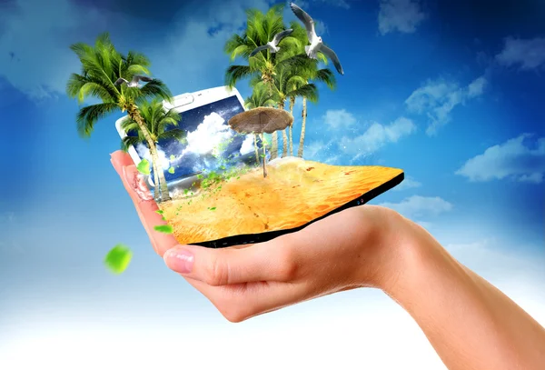 stock image Human hand holding summer sea landscape