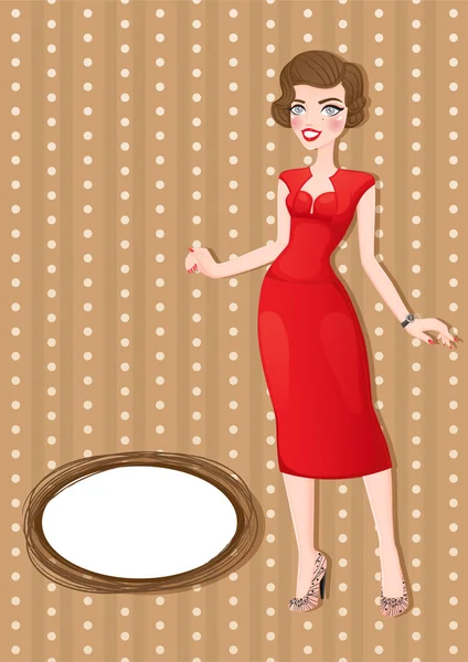 Retro card with girl in red — Stock Vector