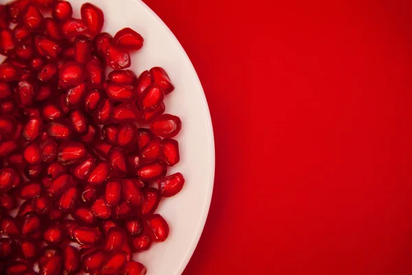 Pomegranate seeds in a white plate — Stock Photo, Image