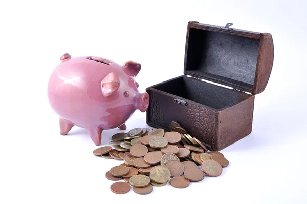 Piggy bank inserting coins — Stock Photo, Image