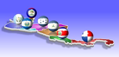 A map of seven Central American countries with their flags shaped as balls clipart