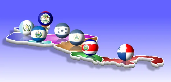 Карта семи країнах Центральної Америки, з їх прапорами, як кулі — стокове фото
