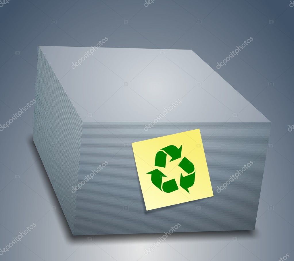 A stack of office paper sheets with a recycle logo on them