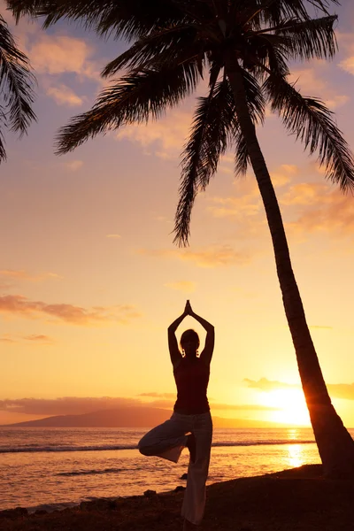 Gün batımında güzel yoga kadın silüeti — Stok fotoğraf