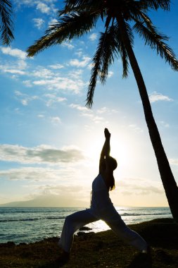 Gün batımında yoga yapan kadın.