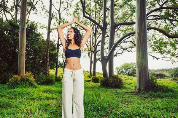 Йога жінка зовні в природі — стокове фото