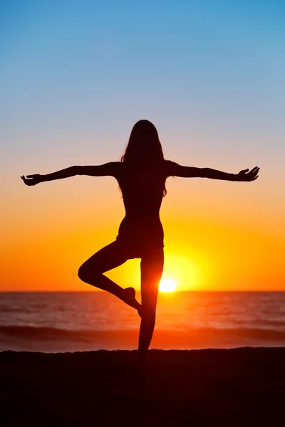 在日落的美丽瑜伽女人的剪影 — 图库照片