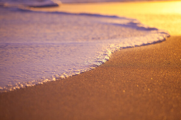 Wave Washing on Sand at Sunset, Shallow Depth of Field