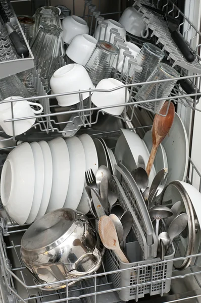 Dish washer with dirty dishes and kitchenware — Stock Photo, Image