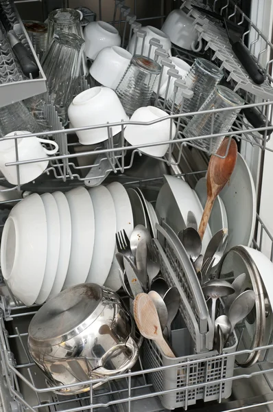 stock image Dish washer with dirty dishes and kitchenware