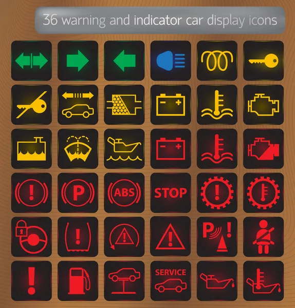 Conjunto de iconos de pantalla de coche de advertencia e indicador — Vector de stock