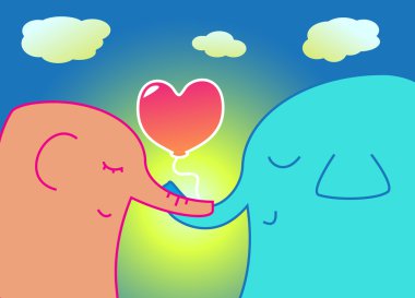 Two elephants holding a heart-shaped balloon clipart