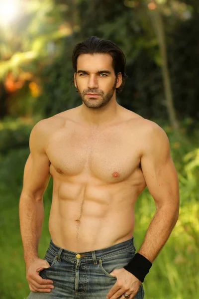 Ritratto all'aperto di un bel modello maschio in forma senza camicia — Foto Stock