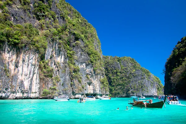 stock image Speed boats and long tail boats in Phi Phi Island bay, Krabi, Th