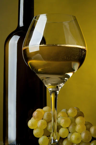 Ein Glas Wein, eine Flasche und Trauben — Stockfoto