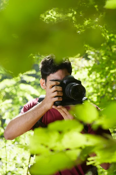 Jovem fotógrafo masculino caminhadas na floresta — Fotografia de Stock