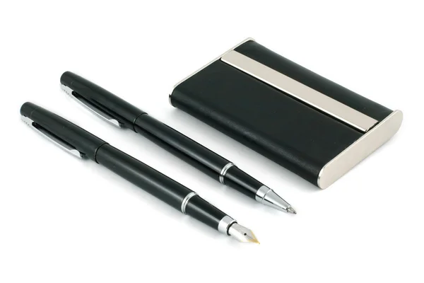Two black pens and visiting cards — Stock Photo, Image