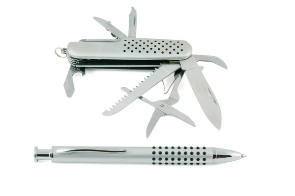 Silberner Stift und Taschenmesser — Stockfoto
