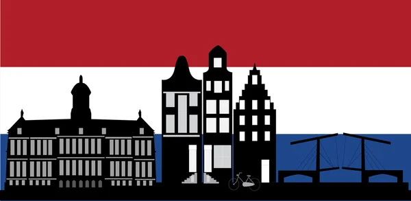 Amsterdam skyline com a bandeira holandesa — Vetor de Stock