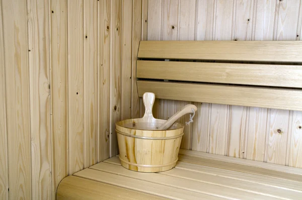 Wooden bucket in sauna — Stock Photo, Image