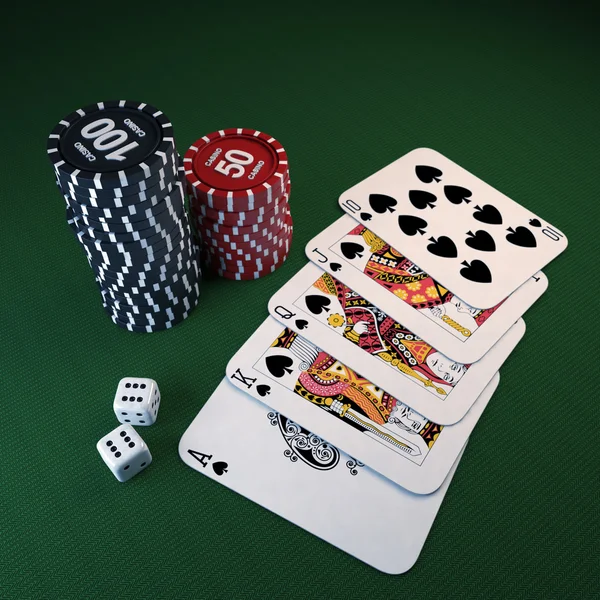 赌场筹码、 骰子、 绿色布上卡 图库照片