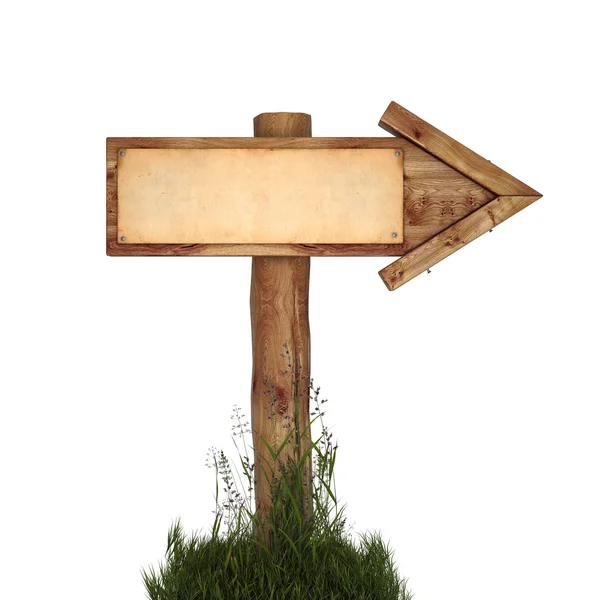 Flecha de madera clavada en el poste y de pie sobre la hierba Imágenes de stock libres de derechos