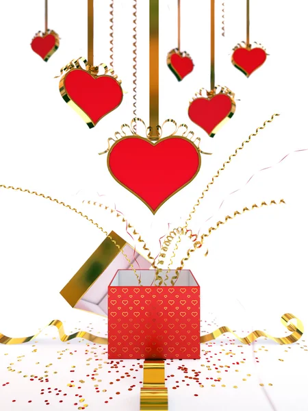 Gift box Valentine's Day, red hearts with golden ribbons — Stock Photo, Image