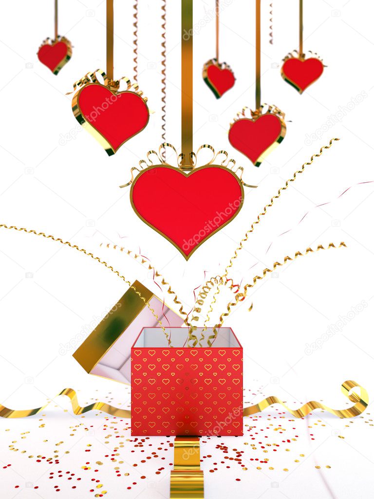 Gift box Valentine's Day, red hearts with golden ribbons