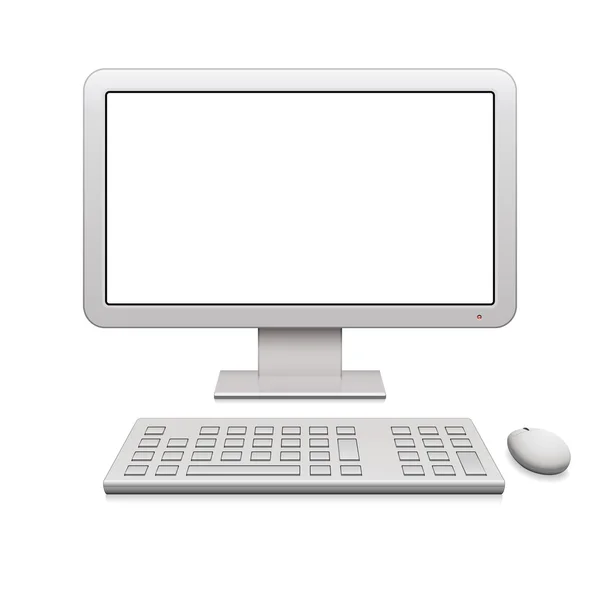 Modern desktop computer with a blank widescreen monitor, wireless keyboard — Stock Vector