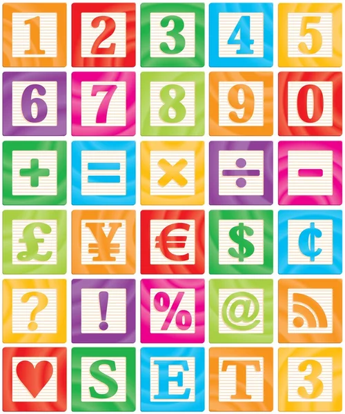 Dětské bloky sada 3 3 - čísla, matematika, měn & symboly — Stockový vektor
