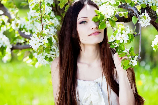 Brunette girl in blossom garden — Stock Photo, Image