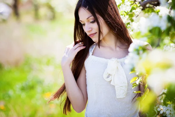 Meisje in bloesem tuin — Stockfoto