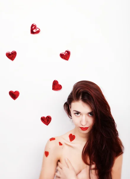 Barna lány piros szívek — Stock Fotó