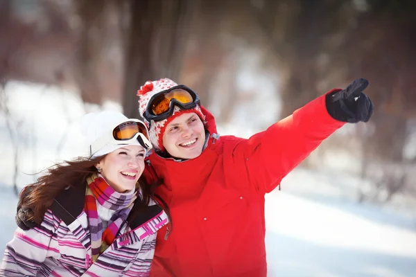 Pige og dreng i vinterparken - Stock-foto