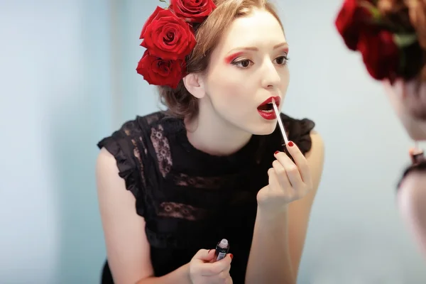 Girl with lipstick — Stock Photo, Image