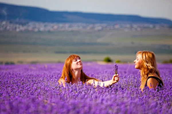 Two girls in lavender field — Stock Photo, Image