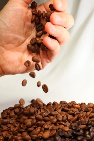 Granos de café y mano humana — Foto de Stock