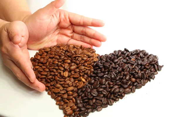 咖啡豆和人的手 图库照片