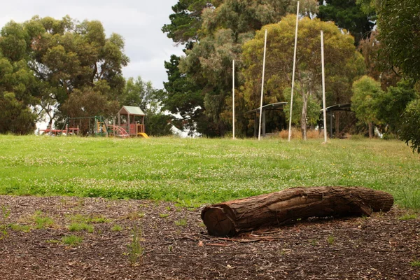 Деревянный ствол в парке с видом на зеленое поле, место для барбекю , — стоковое фото