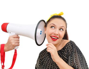 Interested woman with megaphone clipart