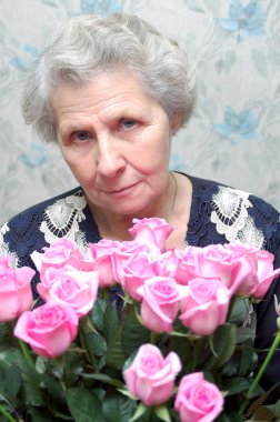 Granny behind bouquet of pink rose clipart