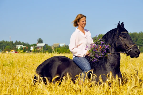 Mulher sorridente bonita monta cavalo bonito no campo — Fotografia de Stock
