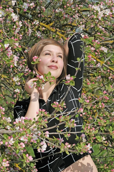 Szép lány, a virágzó Alma-fa háttér — Stock Fotó